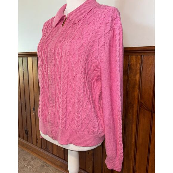 St. John Sport Pink Cable Knit Barbiecore Full Gold Zip Closure Sweater Size XL - Picture 2 of 8